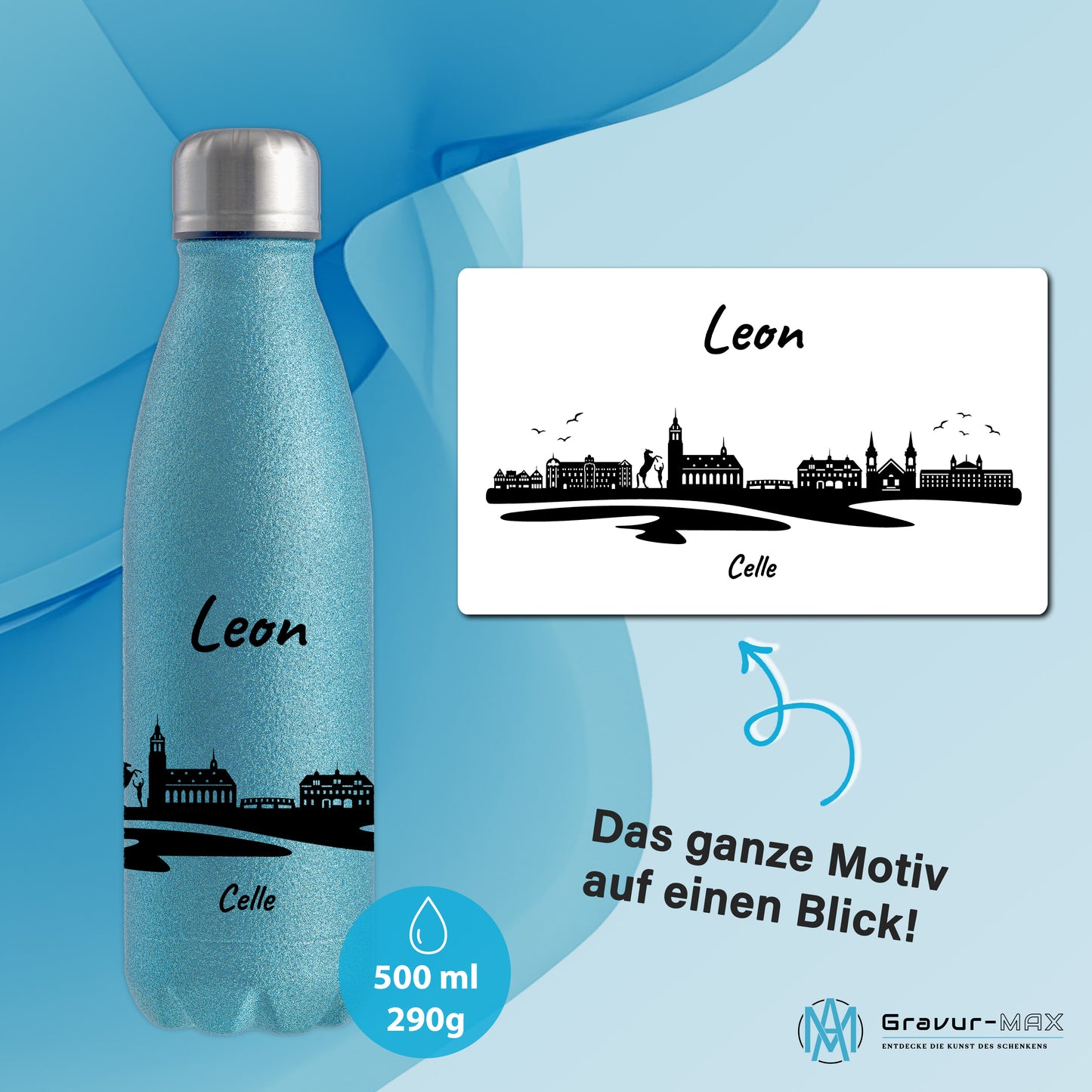 Glitzer Trinkflasche in Blau 500ml aus Edelstahl bedruckt mit der Skyline von Celle personalisierbar mit Wunschname