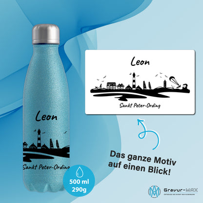 Glitzer Trinkflasche in Blau 500ml aus Edelstahl bedruckt mit der Skyline von Sankt Peter-Ording personalisierbar mit Wunschname