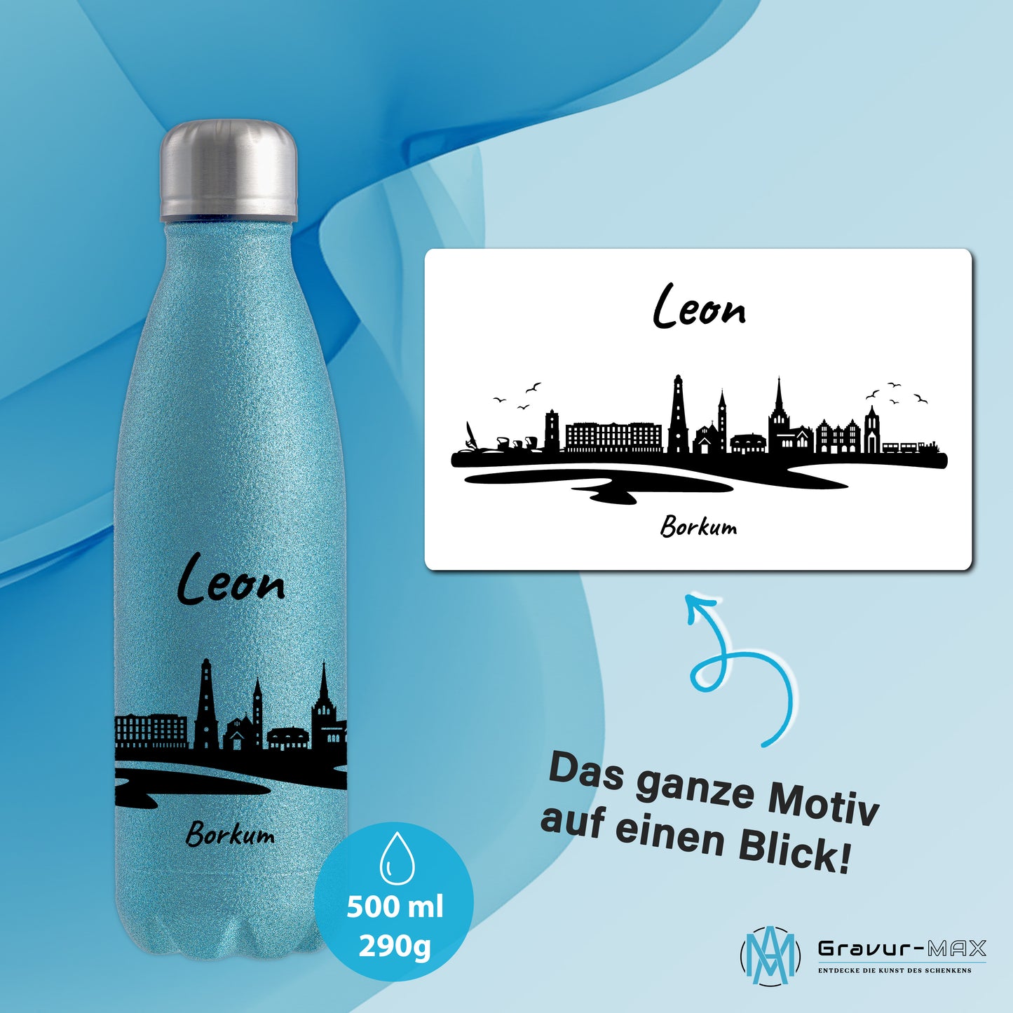 Glitzer Trinkflasche in Blau 500ml aus Edelstahl bedruckt mit der Skyline von Borkum personalisierbar mit Wunschname