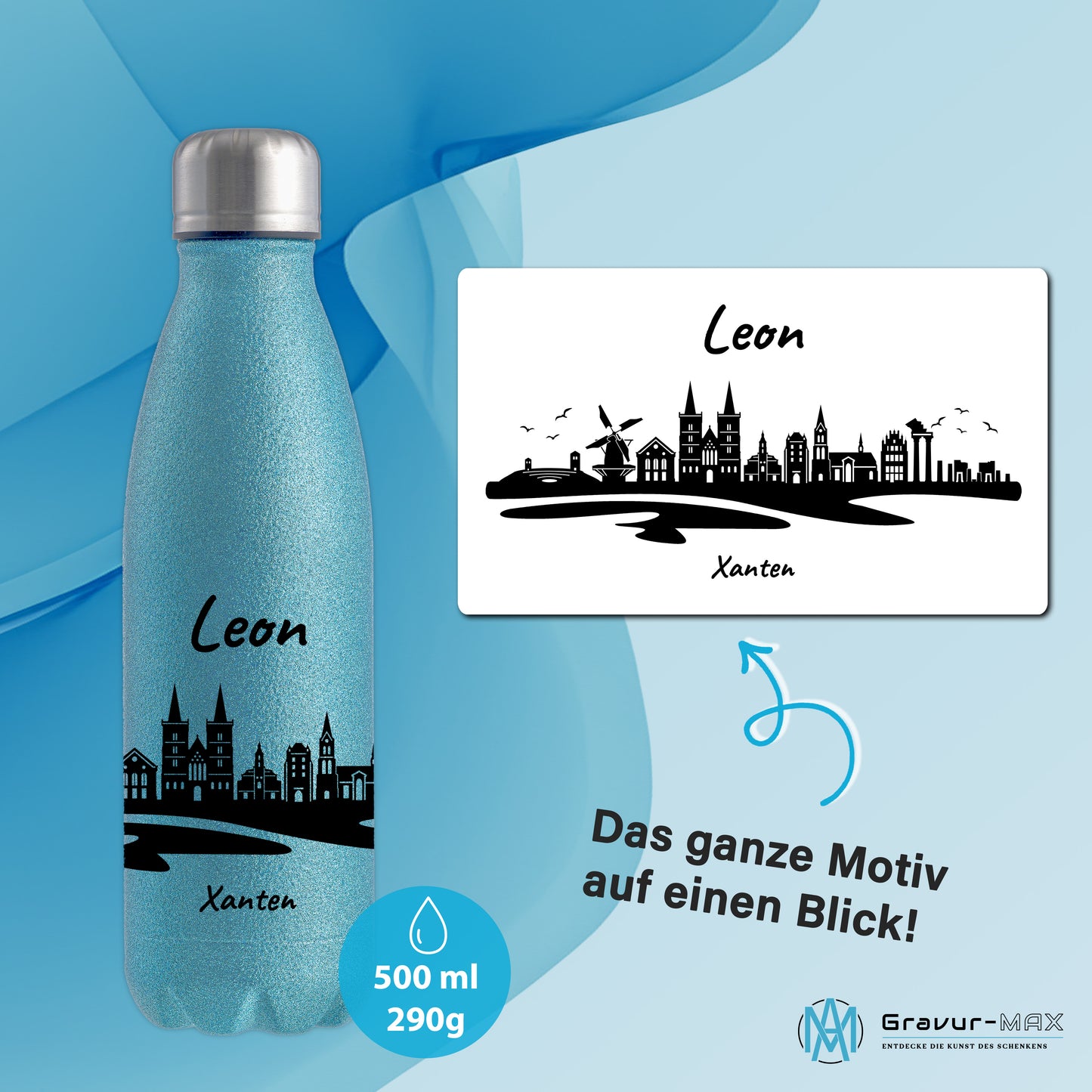 Glitzer Trinkflasche in Blau 500ml aus Edelstahl bedruckt mit der Skyline von Xanten personalisierbar mit Wunschname