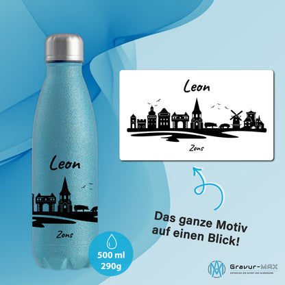 Glitzer Trinkflasche in Blau 500ml aus Edelstahl bedruckt mit der Skyline von Zons (Dormagen) personalisierbar mit Wunschname