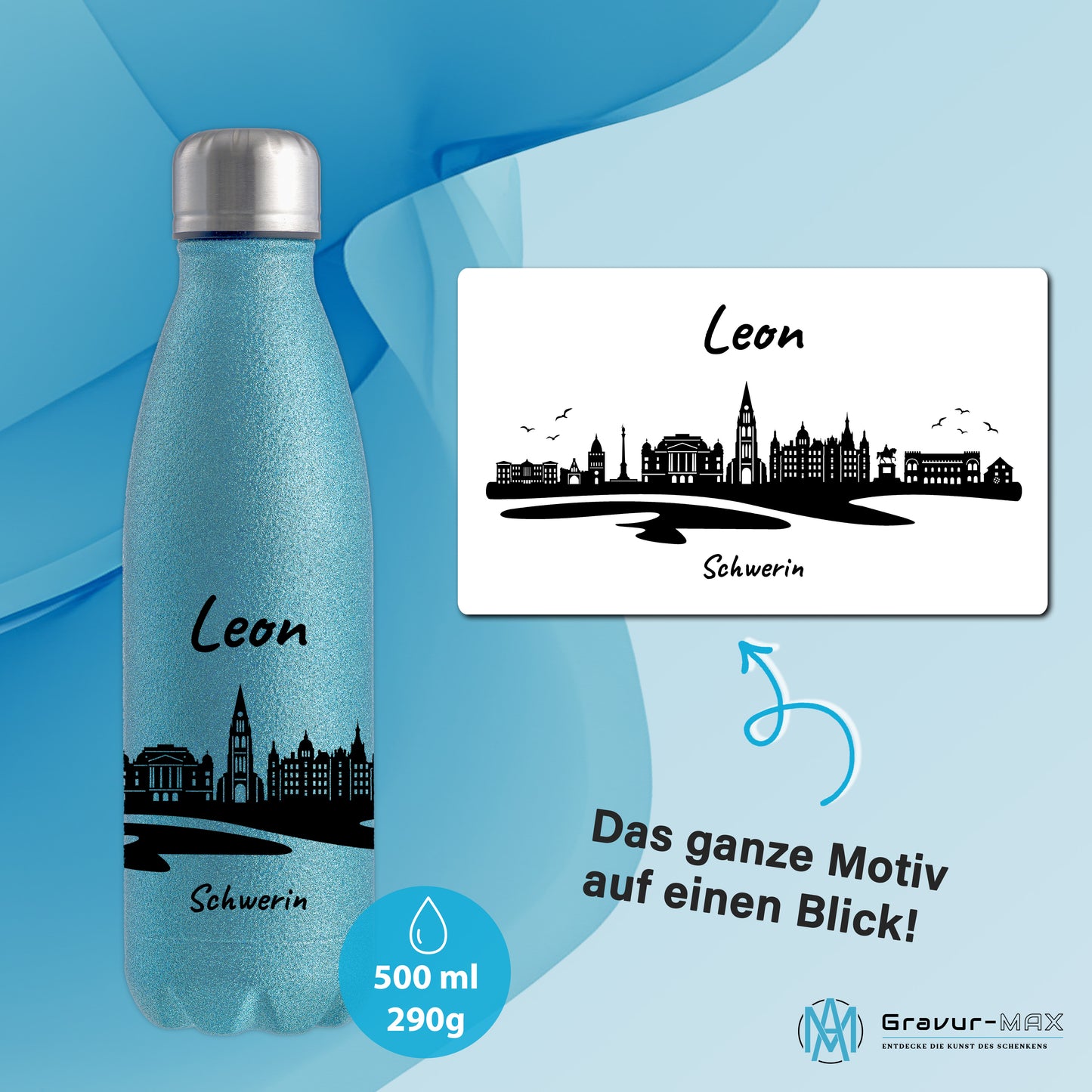 Glitzer Trinkflasche in Blau 500ml aus Edelstahl bedruckt mit der Skyline von Schwerin personalisierbar mit Wunschname