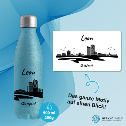 Glitzer Trinkflasche in Blau 500ml aus Edelstahl bedruckt mit der Skyline von Stuttgart personalisierbar mit Wunschname