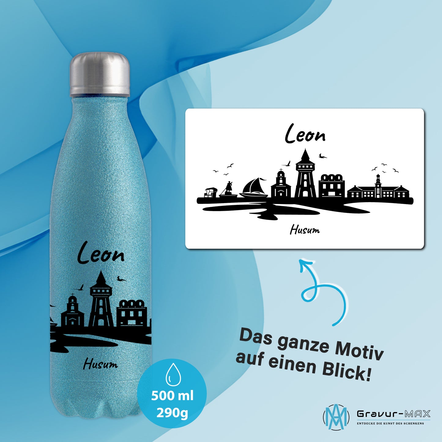 Glitzer Trinkflasche in Blau 500ml aus Edelstahl bedruckt mit der Skyline von Husum personalisierbar mit Wunschname