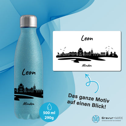 Glitzer Trinkflasche in Blau 500ml aus Edelstahl bedruckt mit der Skyline von Minden personalisierbar mit Wunschname