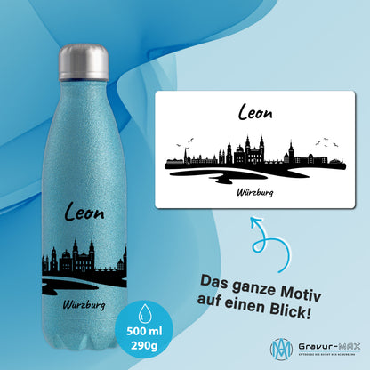 Glitzer Trinkflasche in Blau 500ml aus Edelstahl bedruckt mit der Skyline von Würzburg personalisierbar mit Wunschname