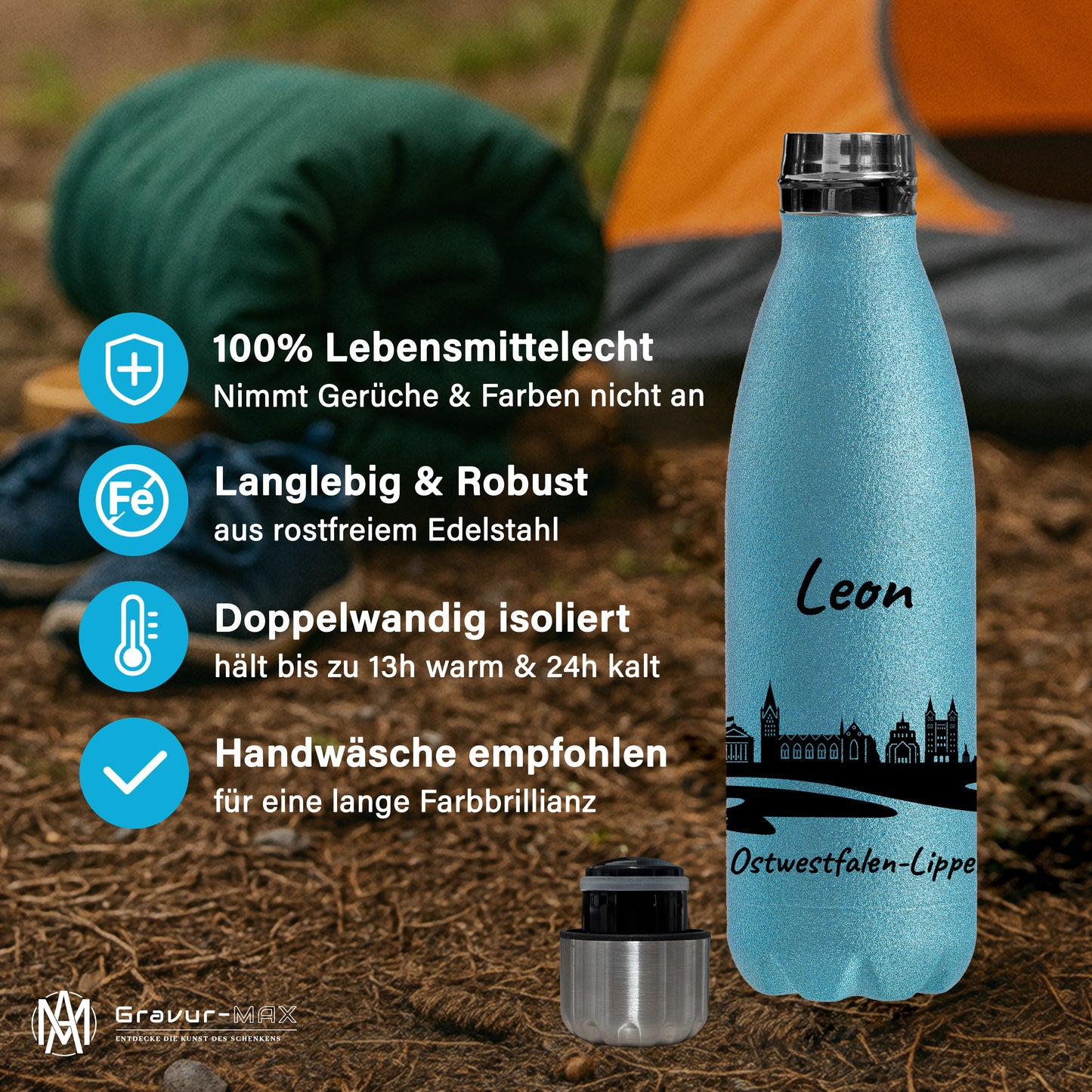 Glitzer Trinkflasche in Blau 500ml aus Edelstahl bedruckt mit der Skyline von Ostwestfalen-Lippe personalisierbar mit Wunschname