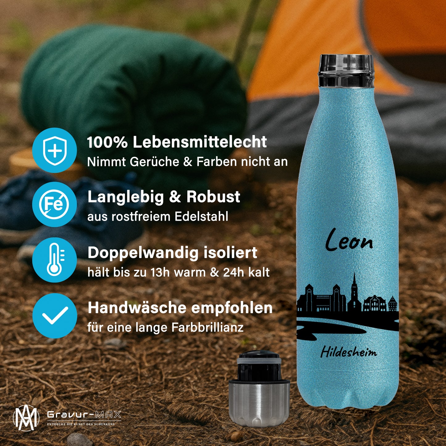 Glitzer Trinkflasche in Blau 500ml aus Edelstahl bedruckt mit der Skyline von Hildesheim personalisierbar mit Wunschname