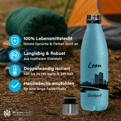 Glitzer Trinkflasche in Blau 500ml aus Edelstahl bedruckt mit der Skyline von Stuttgart personalisierbar mit Wunschname