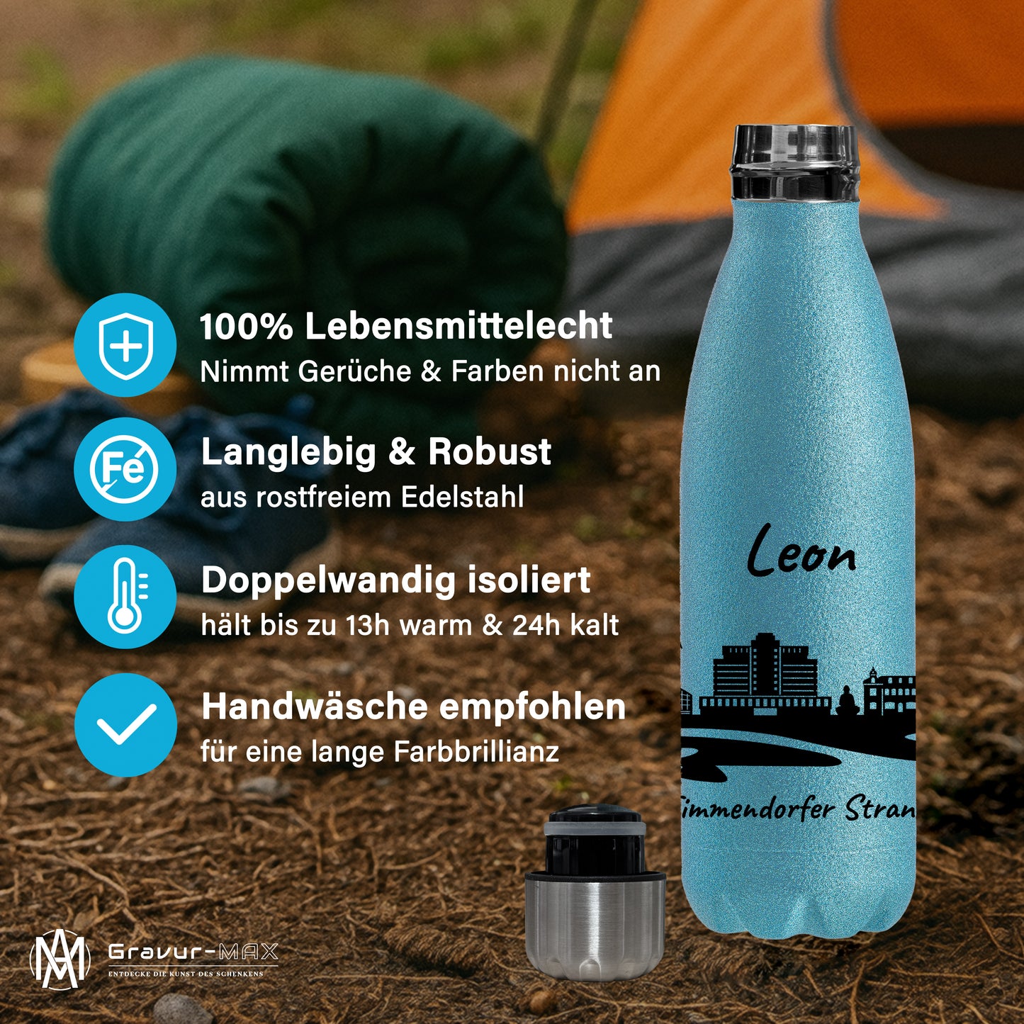 Glitzer Trinkflasche in Blau 500ml aus Edelstahl bedruckt mit der Skyline von Timmendorfer Strand personalisierbar mit Wunschname