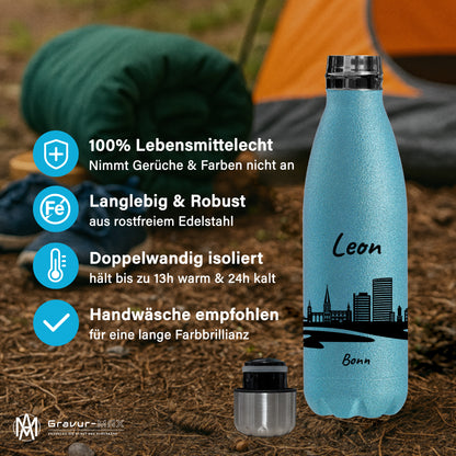 Glitzer Trinkflasche in Blau 500ml aus Edelstahl bedruckt mit der Skyline von Bonn personalisierbar mit Wunschname
