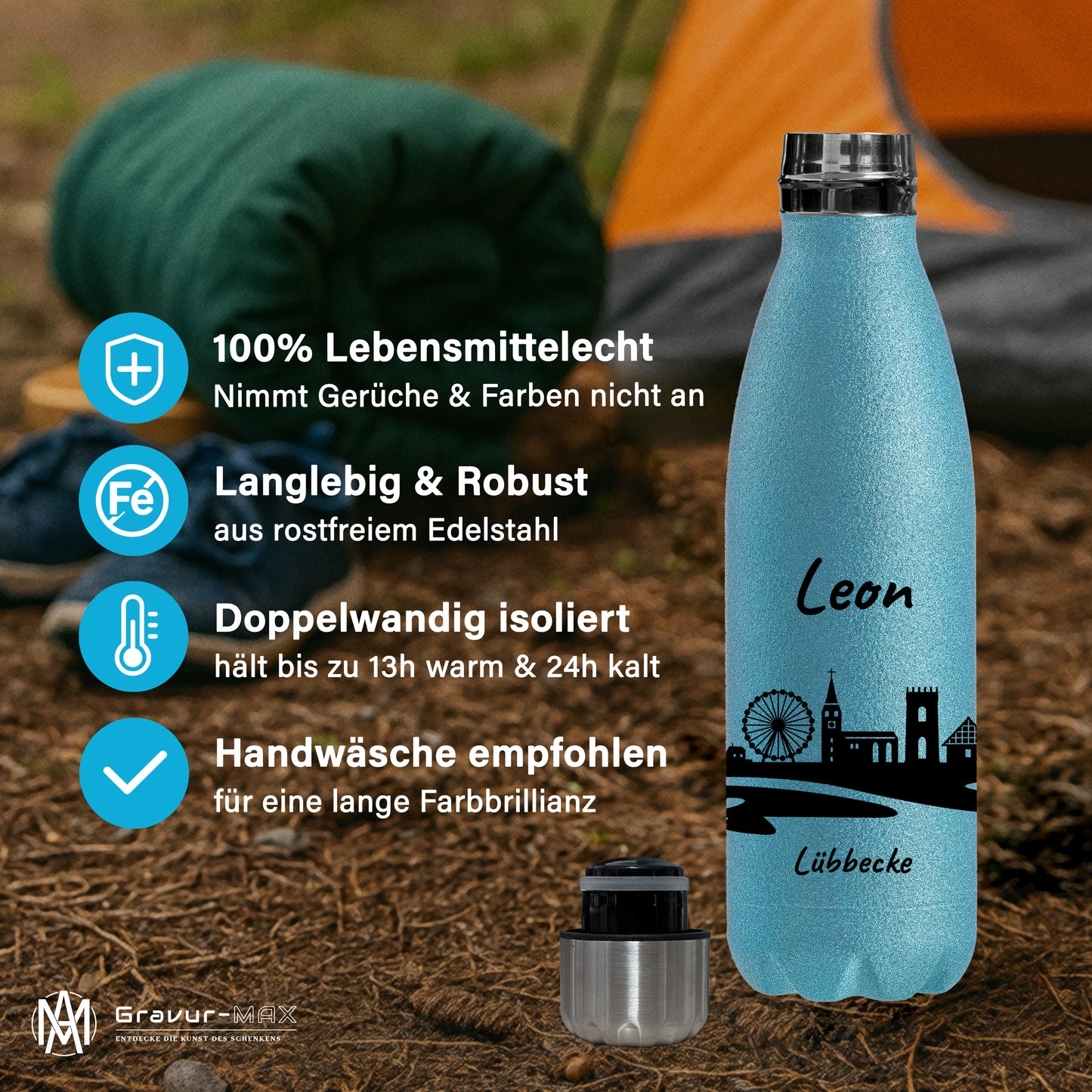 Glitzer Trinkflasche in Blau 500ml aus Edelstahl bedruckt mit der Skyline von Lübbecke personalisierbar mit Wunschname