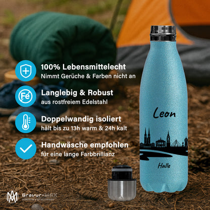 Glitzer Trinkflasche in Blau 500ml aus Edelstahl bedruckt mit der Skyline von Halle personalisierbar mit Wunschname