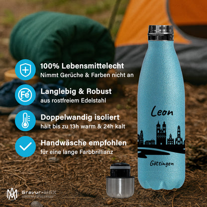 Glitzer Trinkflasche in Blau 500ml aus Edelstahl bedruckt mit der Skyline von Göttingen personalisierbar mit Wunschname