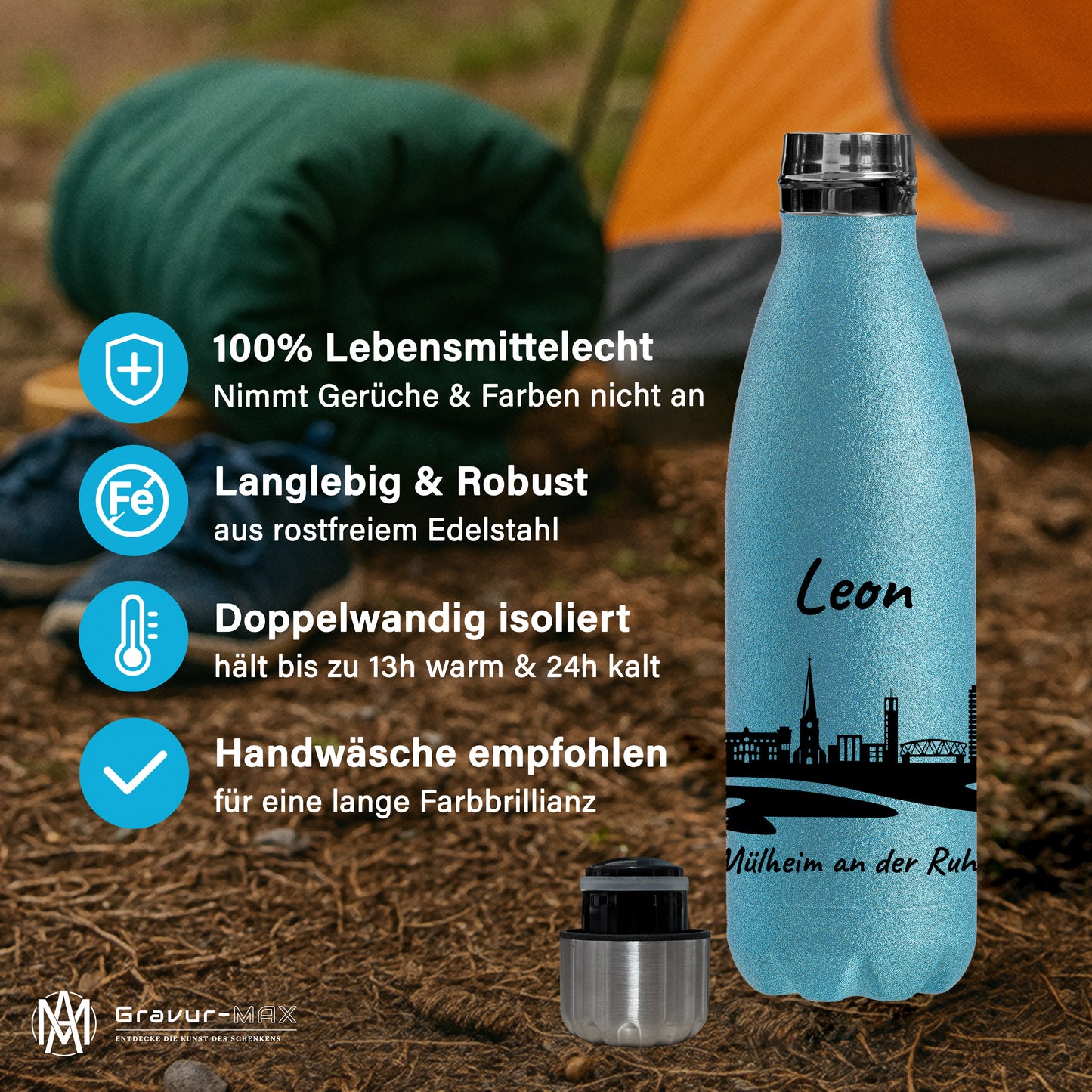 Glitzer Trinkflasche in Blau 500ml aus Edelstahl bedruckt mit der Skyline von Mülheim an der Ruhr personalisierbar mit Wunschname