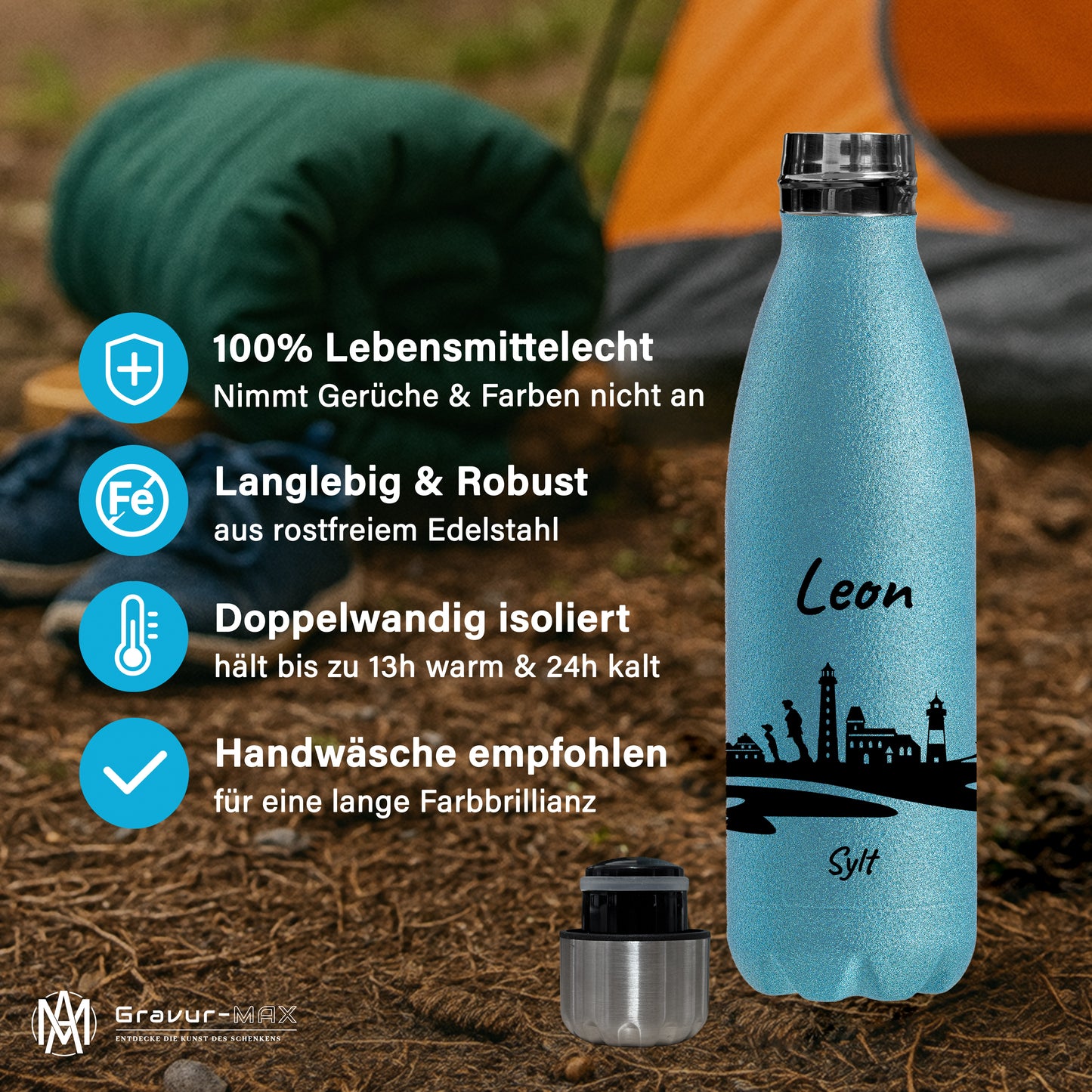 Glitzer Trinkflasche in Blau 500ml aus Edelstahl bedruckt mit der Skyline von Sylt personalisierbar mit Wunschname