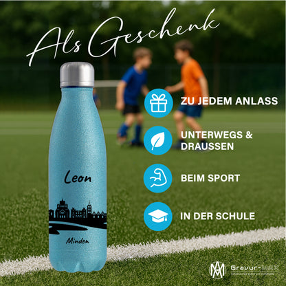 Glitzer Trinkflasche in Blau 500ml aus Edelstahl bedruckt mit der Skyline von Minden personalisierbar mit Wunschname