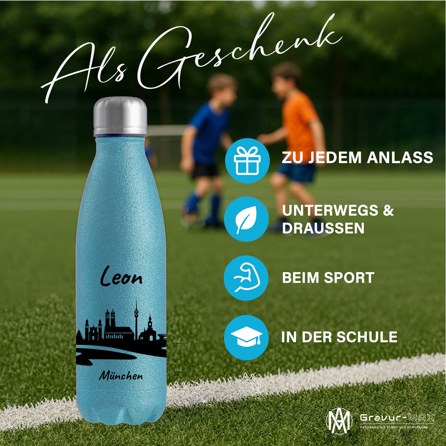 Glitzer Trinkflasche in Blau 500ml aus Edelstahl bedruckt mit der Skyline von München personalisierbar mit Wunschname
