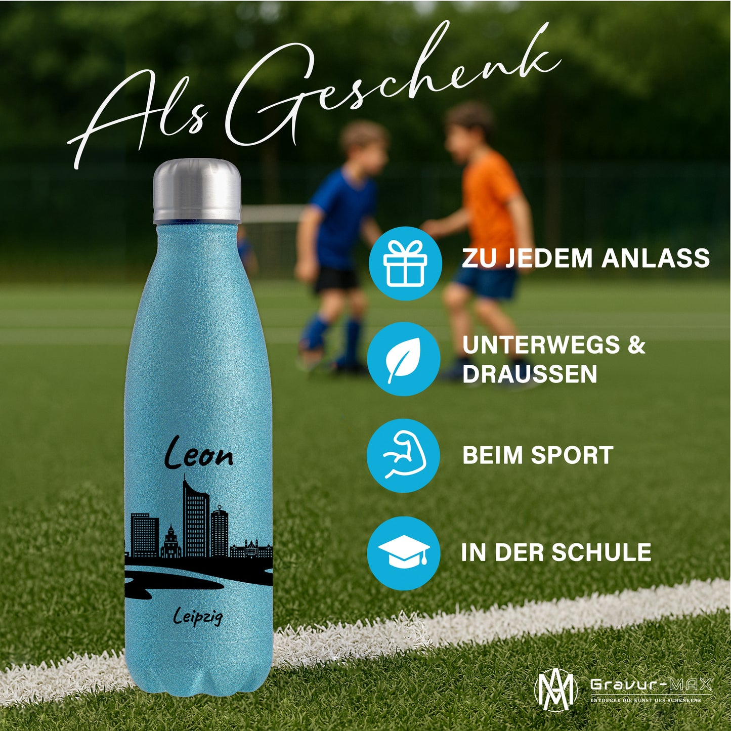 Glitzer Trinkflasche in Blau 500ml aus Edelstahl bedruckt mit der Skyline von Leipzig personalisierbar mit Wunschname