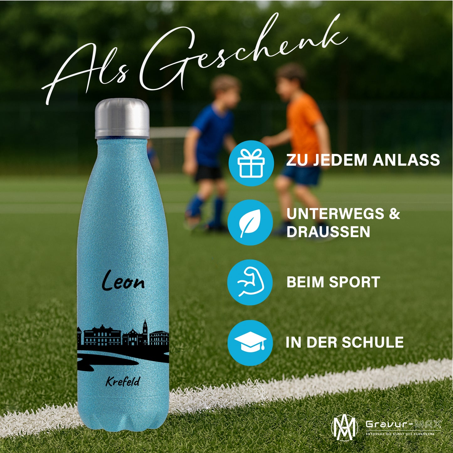 Glitzer Trinkflasche in Blau 500ml aus Edelstahl bedruckt mit der Skyline von Krefeld personalisierbar mit Wunschname