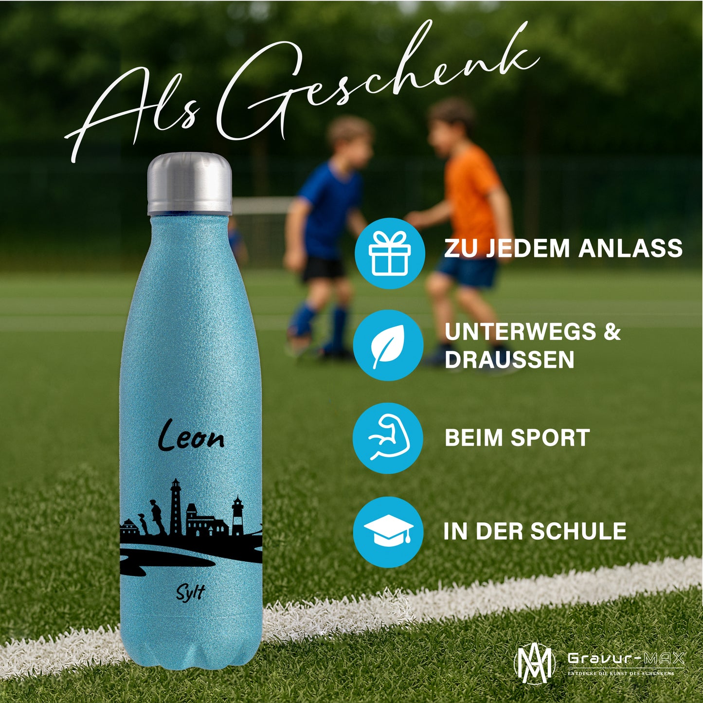 Glitzer Trinkflasche in Blau 500ml aus Edelstahl bedruckt mit der Skyline von Sylt personalisierbar mit Wunschname