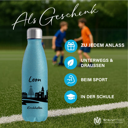 Glitzer Trinkflasche in Blau 500ml aus Edelstahl bedruckt mit der Skyline von Kirchhellen personalisierbar mit Wunschname