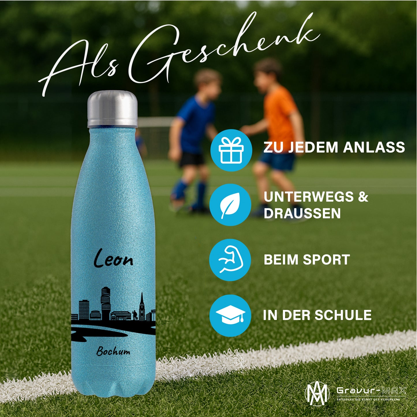 Glitzer Trinkflasche in Blau 500ml aus Edelstahl bedruckt mit der Skyline von Bochum personalisierbar mit Wunschname