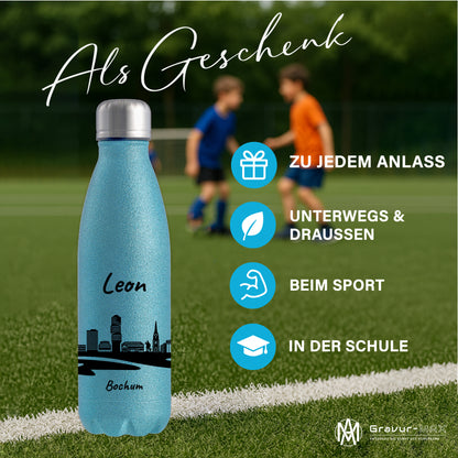 Glitzer Trinkflasche in Blau 500ml aus Edelstahl bedruckt mit der Skyline von Bochum personalisierbar mit Wunschname