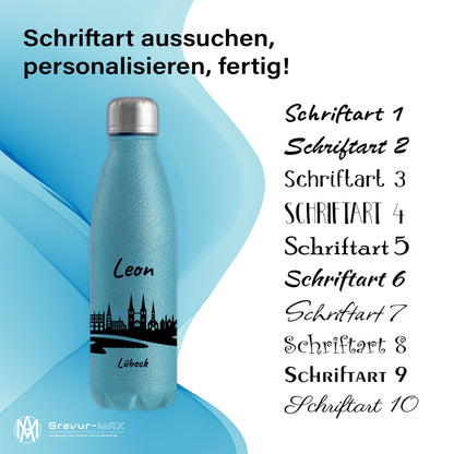 Glitzer Trinkflasche in Blau 500ml aus Edelstahl bedruckt mit der Skyline von Lübeck personalisierbar mit Wunschname