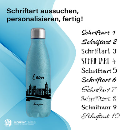 Glitzer Trinkflasche in Blau 500ml aus Edelstahl bedruckt mit der Skyline von Kempen personalisierbar mit Wunschname