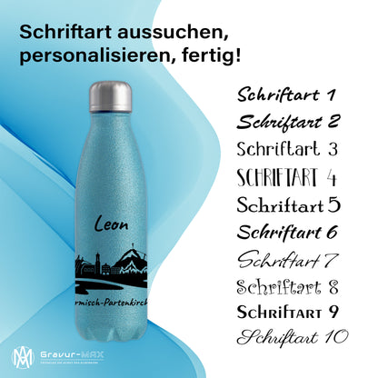 Glitzer Trinkflasche in Blau 500ml aus Edelstahl bedruckt mit der Skyline von Garmisch-Partenkirchen personalisierbar mit Wunschname