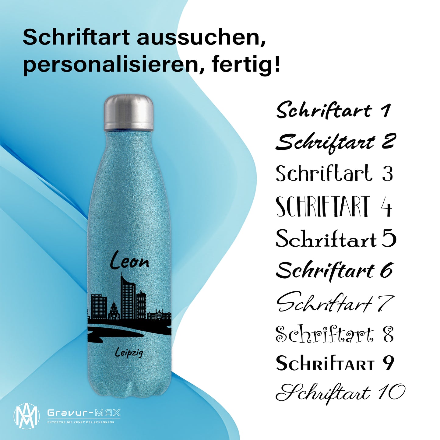 Glitzer Trinkflasche in Blau 500ml aus Edelstahl bedruckt mit der Skyline von Leipzig personalisierbar mit Wunschname