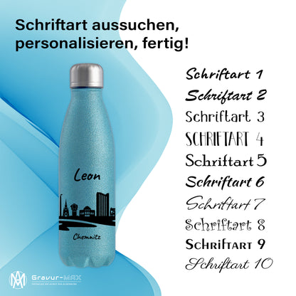 Glitzer Trinkflasche in Blau 500ml aus Edelstahl bedruckt mit der Skyline von Chemnitz personalisierbar mit Wunschname