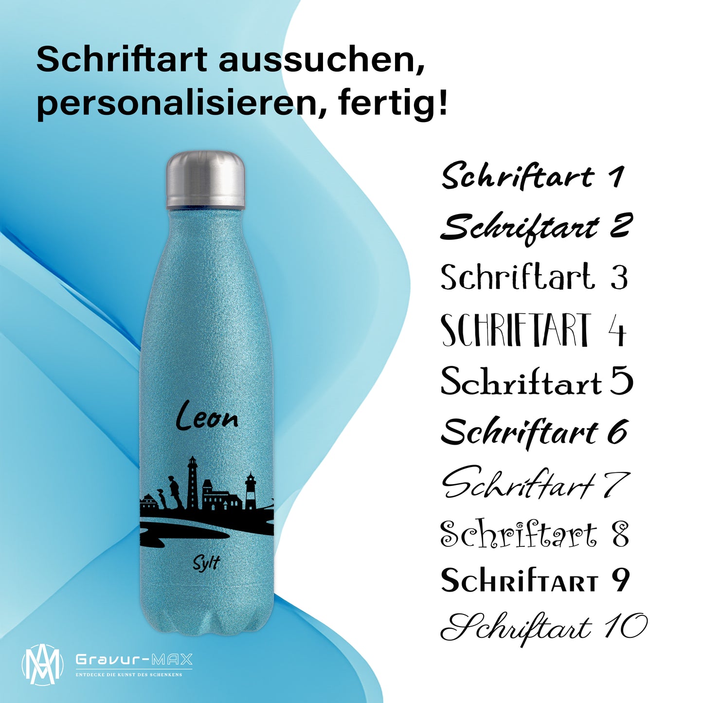 Glitzer Trinkflasche in Blau 500ml aus Edelstahl bedruckt mit der Skyline von Sylt personalisierbar mit Wunschname