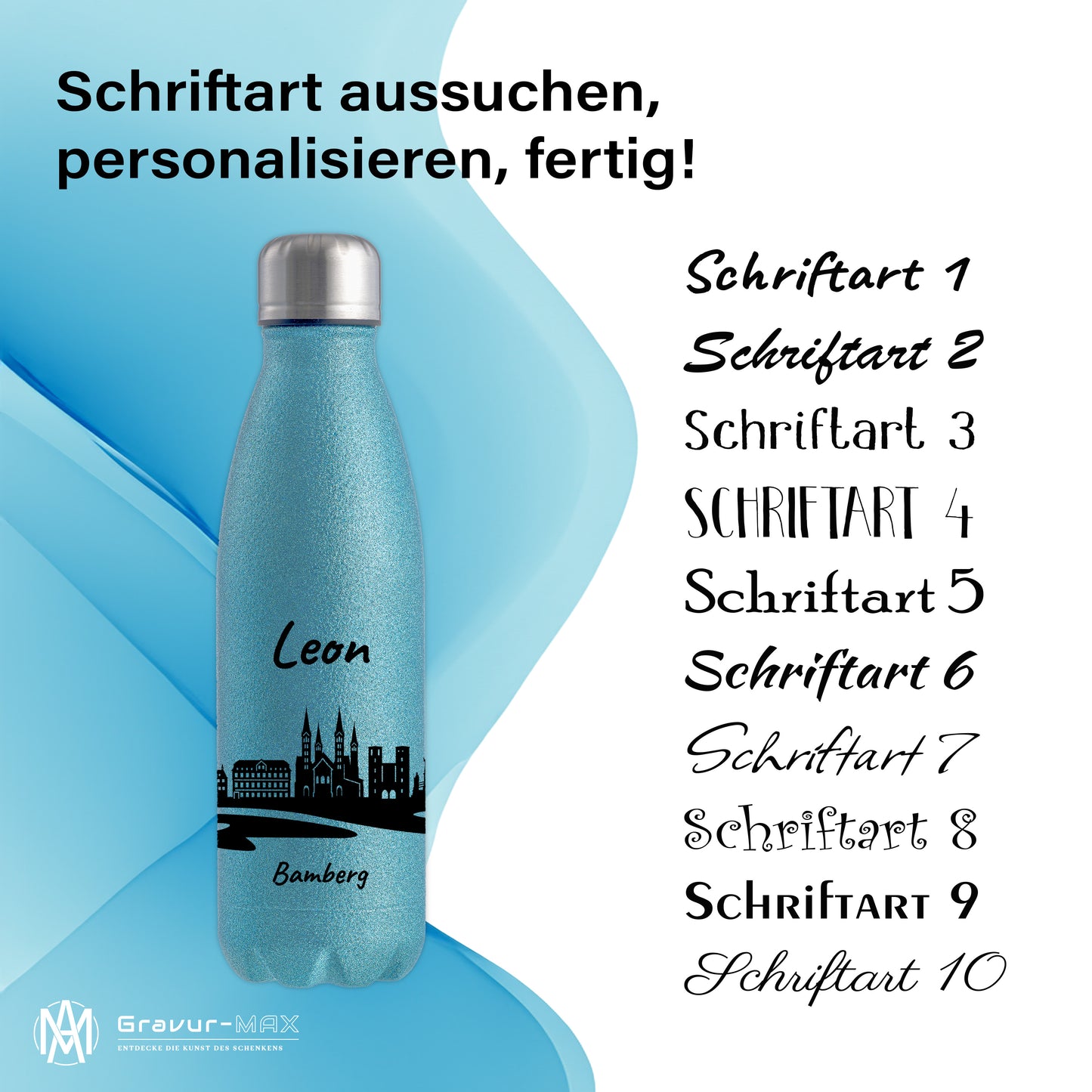Glitzer Trinkflasche in Blau 500ml aus Edelstahl bedruckt mit der Skyline von Bamberg personalisierbar mit Wunschname