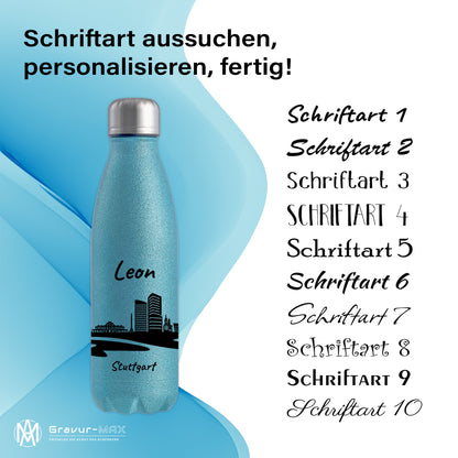 Glitzer Trinkflasche in Blau 500ml aus Edelstahl bedruckt mit der Skyline von Stuttgart personalisierbar mit Wunschname