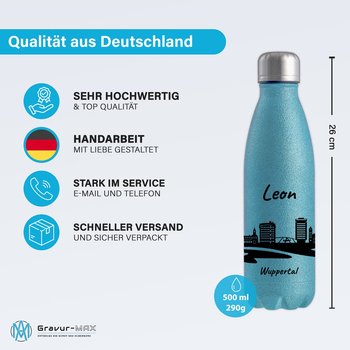 Glitzer Trinkflasche in Blau 500ml aus Edelstahl bedruckt mit der Skyline von Wuppertal personalisierbar mit Wunschname