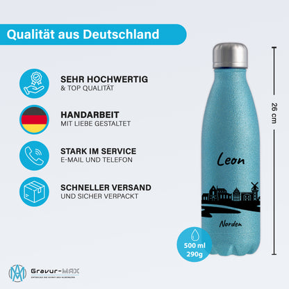 Glitzer Trinkflasche in Blau 500ml aus Edelstahl bedruckt mit der Skyline von Norden personalisierbar mit Wunschname