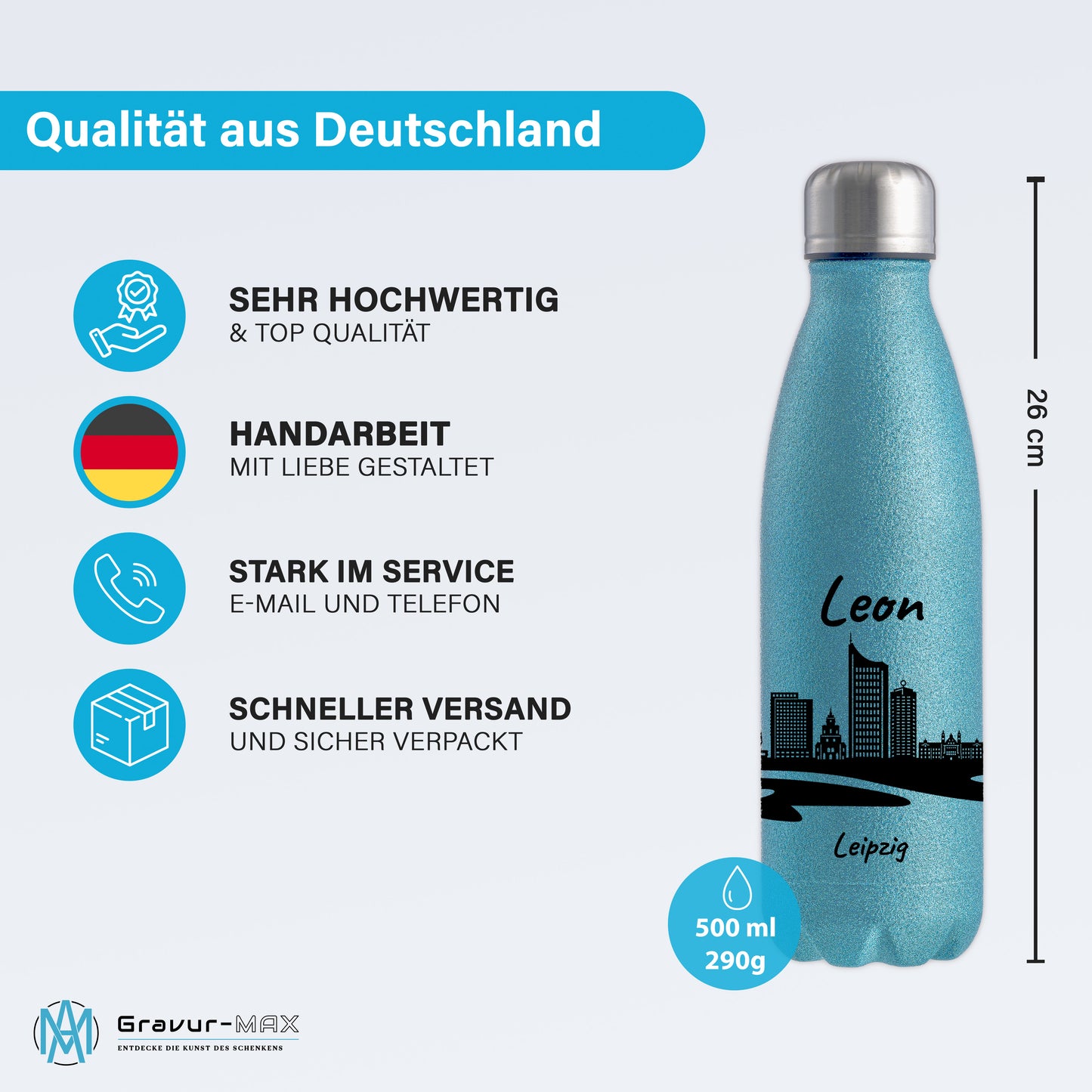 Glitzer Trinkflasche in Blau 500ml aus Edelstahl bedruckt mit der Skyline von Leipzig personalisierbar mit Wunschname