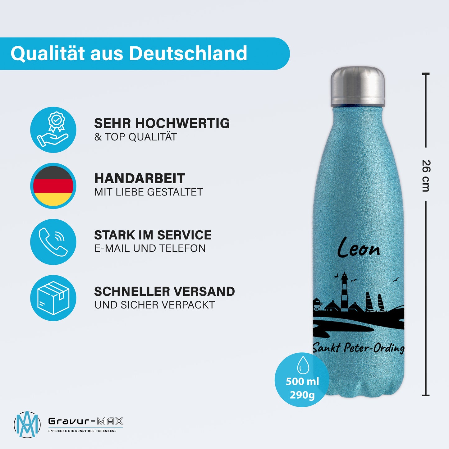 Glitzer Trinkflasche in Blau 500ml aus Edelstahl bedruckt mit der Skyline von Sankt Peter-Ording personalisierbar mit Wunschname