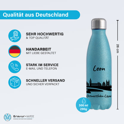 Glitzer Trinkflasche in Blau 500ml aus Edelstahl bedruckt mit der Skyline von Ostwestfalen-Lippe personalisierbar mit Wunschname