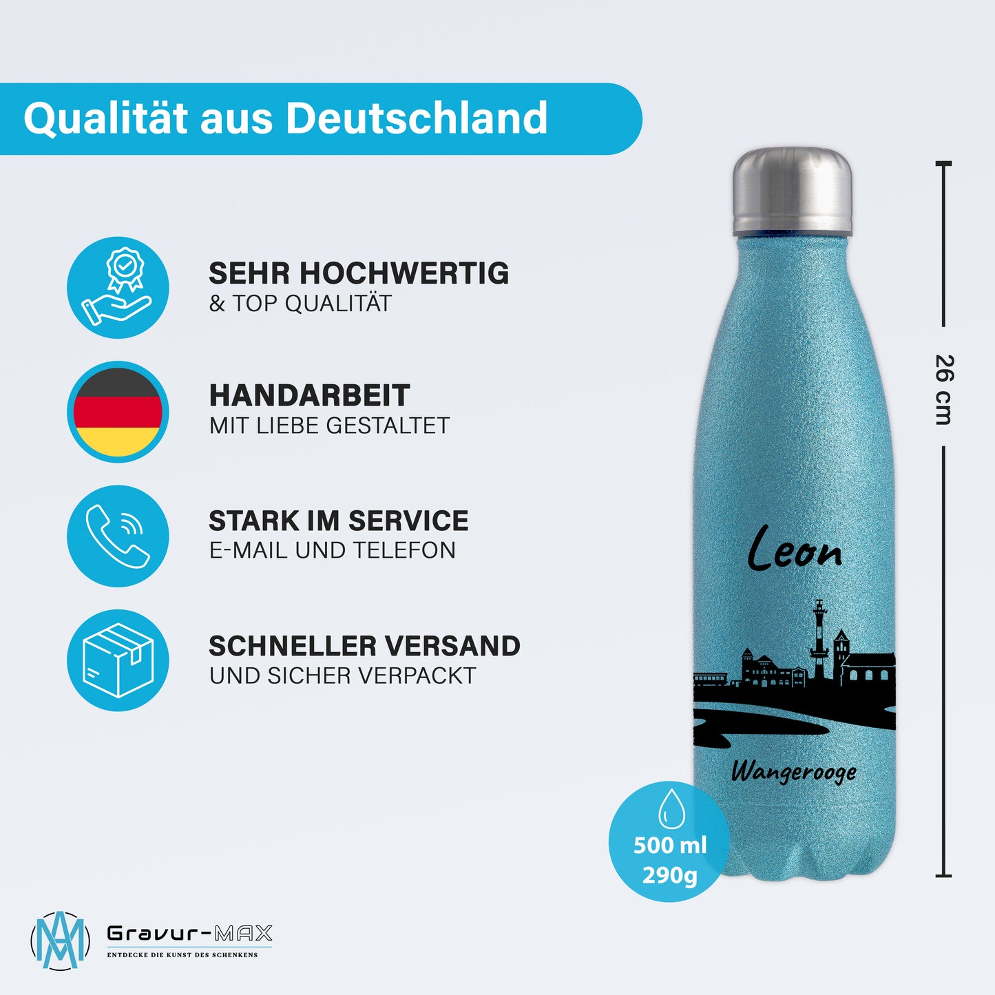 Glitzer Trinkflasche in Blau 500ml aus Edelstahl bedruckt mit der Skyline von Wangerooge personalisierbar mit Wunschname