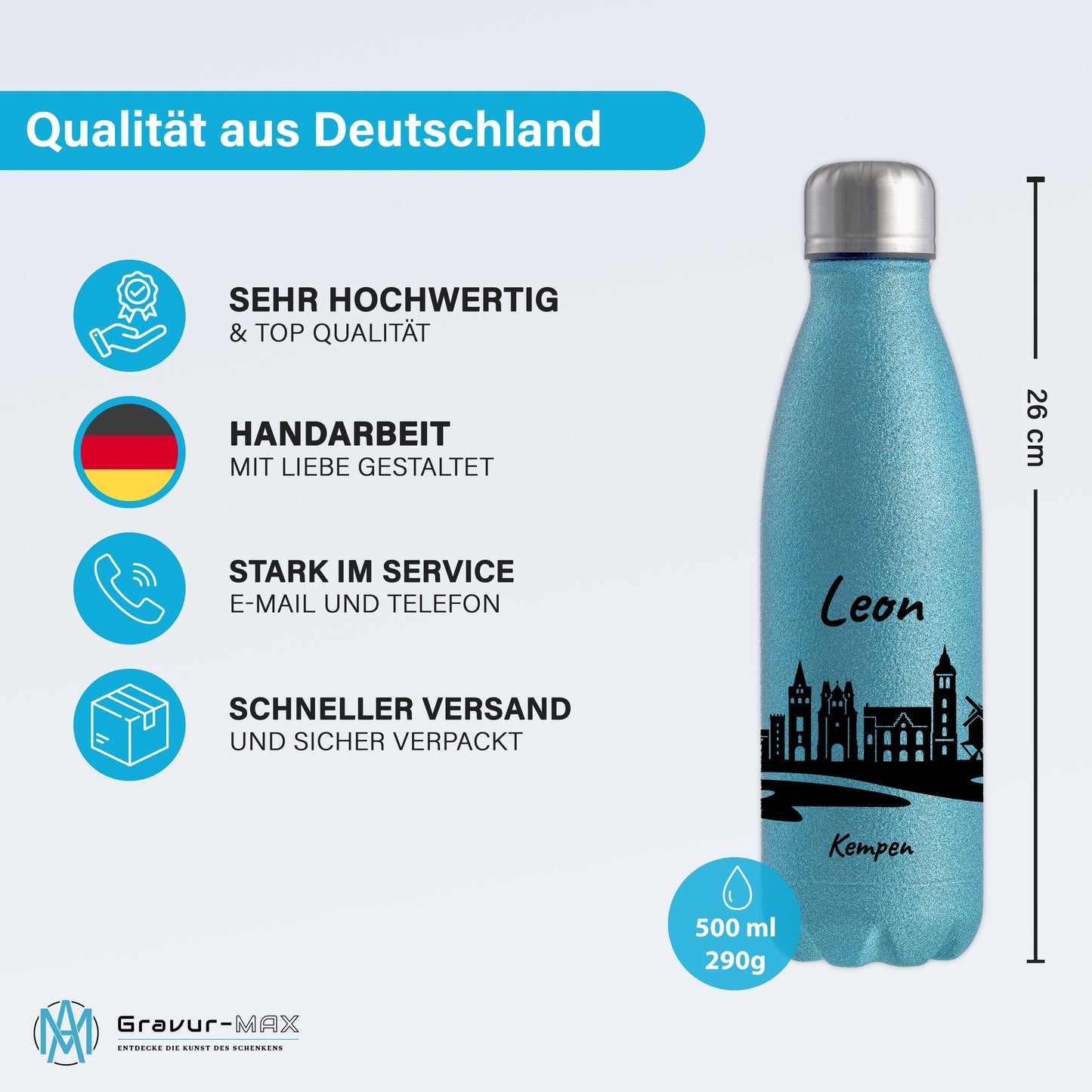 Glitzer Trinkflasche in Blau 500ml aus Edelstahl bedruckt mit der Skyline von Kempen personalisierbar mit Wunschname