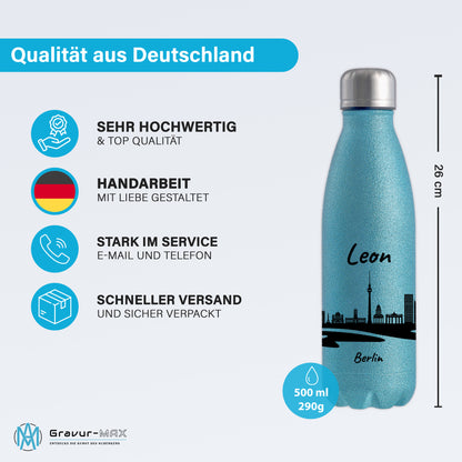 Glitzer Trinkflasche in Blau 500ml aus Edelstahl bedruckt mit der Skyline von Berlin personalisierbar mit Wunschname