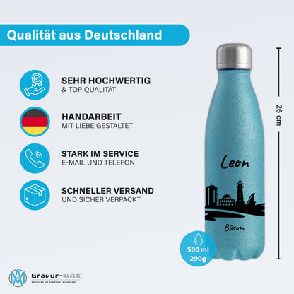Glitzer Trinkflasche in Blau 500ml aus Edelstahl bedruckt mit der Skyline von Büsum personalisierbar mit Wunschname