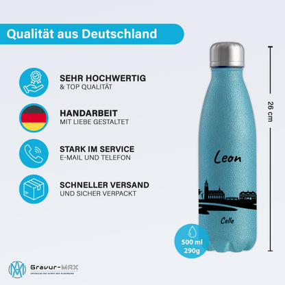 Glitzer Trinkflasche in Blau 500ml aus Edelstahl bedruckt mit der Skyline von Celle personalisierbar mit Wunschname