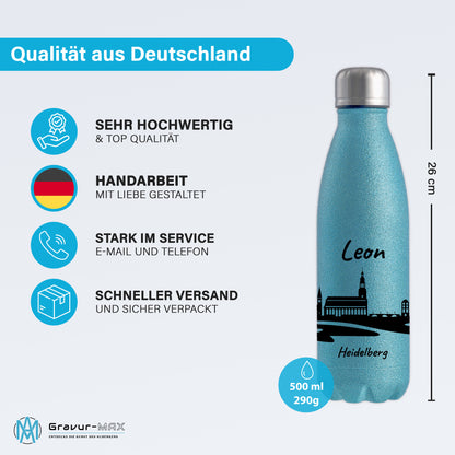 Glitzer Trinkflasche in Blau 500ml aus Edelstahl bedruckt mit der Skyline von Heidelberg personalisierbar mit Wunschname