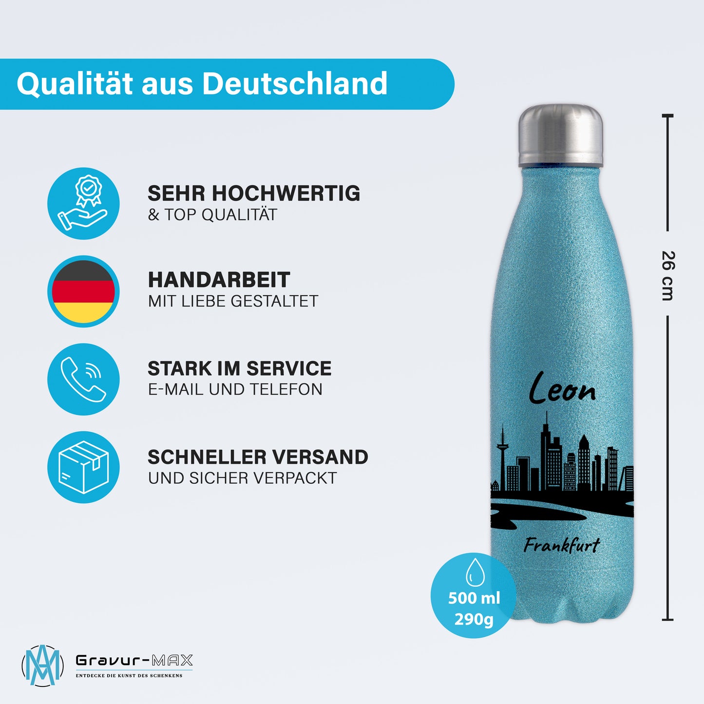 Glitzer Trinkflasche in Blau 500ml aus Edelstahl bedruckt mit der Skyline von Frankfurt personalisierbar mit Wunschname