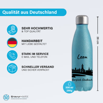 Glitzer Trinkflasche in Blau 500ml aus Edelstahl bedruckt mit der Skyline von Bergisch Gladbach personalisierbar mit Wunschname