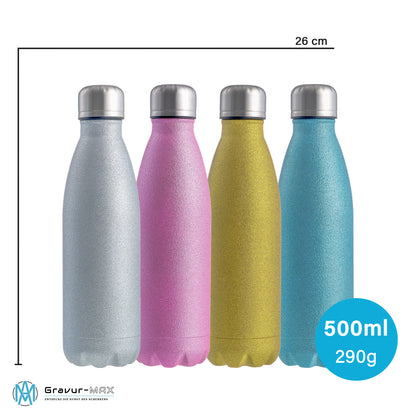 Glitzer Trinkflasche in Blau 500ml aus Edelstahl bedruckt mit der Skyline von Coburg personalisierbar mit Wunschname